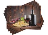 Tovagliette Abakuhaus, Bottiglia Di Vino Rosso Cabernet E Formaggio E Uva Su Stampa Di Assi Di Legno, 30 X 45 Cm, Marrone Bordeaux Crema