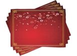 Abakuhaus Rot Tovagliette, Ramo Fiorito Di Un Ciliegio In Primavera Con Cornice Tradizionale Cinese, 30 X 45 Cm, Calendula Rosso Corallo Rosso