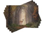 Tovagliette Abakuhaus Con Motivi Animali, Cervo Maschio Scopre Una Foresta Nebbiosa E Mistica In Autunno, Sentiero Mistico E Nebbioso, 30 X 45 Cm, Multicolore