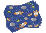 Tovagliette Per Asilo Abakuhaus, Tema Spaziale Con Astronave Lunare E Motivi Ufo Su Sfondo A Cerchi Concentrici, 30 X 45 Cm, Multicolore