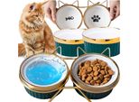 Set Di 2 Ciotole Doppie Da 300 Ml Per Cani E Gatti Su Supporto, In Ceramica, Orecchie Dorate, Petjet