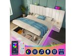 Letto Imbottito 160×200, Letto Matrimoniale Contenitore Con App Control Led ,Pu, Bianco, Senza Materasso E Comodino