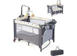 Costway 5 In 1 Lettino Per Bambini, Lettino Da Viaggio Con Materassino, Lettino Per Bambini Regolabile In Altezza Con Fasciatoio, Cintura Di Sicurezza, Carillon E Giocattolo Appeso, Culla Con Ruote Per Bambini, Grigio