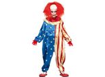 Clown America Halloween Spaventoso Stelle Strisce Bambini Scherzo Figura Circo Fiaba Horror Divertimento Maschera Partito Spaventoso Tuta, Taglia: 128/134 Colore: Blu