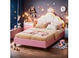 Fortuna Lai Letto Per Bambini 140X200 Cm Letto Imbottito In Velluto Rosa Con Luci Led, Letto A Corona Letto Principessa Per Ragazze, Letto Singolo A Doghe, Senza Materasso (140X200 Cm)