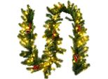 Costway 270Cm Ghirlanda Di Natale Con 100 Led Bianco Caldo, Ghirlanda Di Abete Artificiale Con Pigne, Bacche Rosse E Timer, Ghirlanda Di Natale