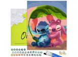 Oh Art! Pittura Numerica Per Bambini E Adulti Con Cornice - Stitch & Angel Sulla Spiaggia - Set Completo Di Colori Acrilici, Pennelli E Cornice - Tela 40X50 Cm