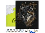 Oh Art! Pittura Per Numeri Adulti - Lupo Su Tela Nera Con Vernice Dorata - Set Completo Di Cornice, Colori Acrilici E 3 Pennelli 40X50 Cm