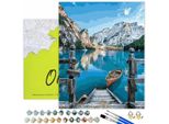 Oh Art! Pittura Numerica Con Cornice 40X50 Fai Da Te - Lago Di Montagna Con Barca - Motivo Paesaggistico - Set Completo Adulti E Bambini - Con Cornice In Legno E Pennelli