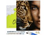 Oh Art! Dipingere Con I Numeri Animali - Donna E Leopardo 50X40 Cm Tela Nera, 30 Colori E Vernice Dorata Incl. Pennelli, Colori Acrilici E Accessori