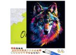 Oh Art! Dipingere Con I Numeri Animali - Lupo Colorato 50X40 Cm Tela Nera, 28 Colori Incl. Pennelli, Colori Acrilici & Accessori Completi