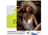 Oh Art! Dipingere Con I Numeri - Donna Con Cappello Da Sole 50X40 Cm Tela Nera, 28 Colori E Vernice Dorata, Inclusi Pennelli, Colori Acrilici E Accessori