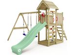 Wickey Torre Gioco Per Arrampicata Con Tetto In Legno Multiflyer Con Altalena E Scivolo, Torre Per Arrampicata Con Tetto In Legno, Sabbiera, Scala E Accessori Da Gioco - Verde Pastello