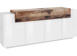 Dmora Credenza Discordia 45X200X85.5H Cm Bianco Lucido, Apertura Battente E A Ribalta 8 Vani Italy