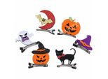 Set Di 6 Fermagli Di Halloween, Ciascuno Di 6X5,5 Cm, 6 Motivi Diversi: Zucca Con Cappello, Gatto, Fantasma, Cappello Da Strega, Zucca E Pipistrello Con Luna