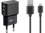 Goobay 44984 Set Di Ricarica Doppia Micro Usb 2,4 A, Nero, 1 M - Adattatore Di Corrente Con 2 Prese Usb E Cavo Micro Usb Da 1 M (Nero)