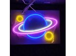 Luce Led Neon, Applique Decorativa, Pianeta Blu Con Lune Arancioni, Circa 40 X 27,5 X 2 Cm