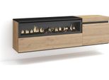 Mobile Tv Soggiorno, 150X35X45Cm, Per Tv Fino A 65", Camino Elettrico, Da Appendere, Rovere E Nero"