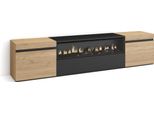 Mobile Tv Soggiorno, 200X35X45Cm, Per Tv Fino A 80", Camino Elettrico, Rovere E Nero"