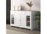 Credenza Sweiko Con Venature Del Legno Bianco, Quattro Ante, Con Due Cassetti, Anta Con Vetro, Colore Legno E Bianco