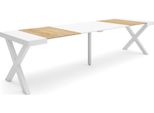 Consolle Allungabile, 302X90X73Cm, Per 14 Persone, Gambe In Legno, Rovere E Bianco