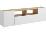 Dmora Mobile Porta Tv Vulcano 34.7X141.7X43.8H Cm Bianco, Apertura Battente E A Ribalta 2 Vani