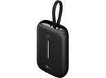 Powerbank 10.000 Mah, Integriertes USB-C Kabel 13Cm, 20 Watt Schwarz, 10 Ah, 1X USB-A, 2X USB-C, Pd, Qc