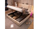 Letto Imbottito Idraulico Flieks 180X200Cm Con Usb E Tipo C, Letto Contenitore A Molle Con Led, Letto Matrimoniale Per Ragazzi Con Rete A Doghe, Lino, Beige