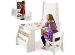 Tavolo Per Bambini Costway, Gruppo Di Seduta Per Bambini Con Sedia, Cavalletto, Rotolo Di Carta, Accessori, Lavagna, Gesso E Scaffale Per Bambini Dai 3 Anni In Su, Grigio