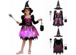 Ragazze Costume Da Strega Taglia 140 Cm Costume Completo Glitterato Bambini Con Cappello Bacchetta Magica Borsa Portacaramelle Costume Halloween Set Cosplay Abito Da Strega Carnevale