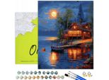 Oh Art! Pittura Con I Numeri Per Adulti Bambini 40X50 Cm - Paesaggio Casa Sul Lago Notte Al Chiaro Di Luna - Set Fai Da Te Con Cornice, 29 Colori Acrilici E 3 Pennelli