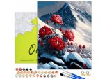 Oh Art! Pittura Per Numeri Adulti 40 X 50 Cm - Fiori Peonie Rosse Nelle Montagne Innevate - Set Fai Da Te: Tela Con Telaio, 28 Colori Acrilici, 3 Pennelli