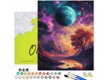 Oh Art! Pittura Numerica Per Adulti E Bambini - Paesaggio Cosmico - 40X50 Cm Set Di Tela Fai Da Te Con Telaio, 30 Colori Acrilici, 3 Pennelli E Accessori