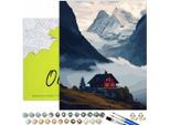 Oh Art! Pittura Per Numeri Adulti 40X50 Cm - Svizzera Paesaggio Alpi Montagne Con Casa - Set Fai Da Te Su Tela Con Telaio In Legno, Colori Acrilici E 3 Pennelli
