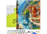 Oh Art! Dipingere Con I Numeri Paesaggio - Villaggio Italiano Sul Mare 40X50Cm Tela Con Telaio, 30 Colori Acrilici, 3 Pennelli E Accessori Set Per Adulti