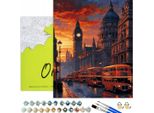 Oh Art! Set Di Pittura Fai Da Te Con Cornice In Legno, 31 Colori Acrilici, 3 Pennelli E Accessori 40X50 Cm - Londra Al Tramonto - Per Adulti E Bambini