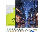 Oh Art! Pittura Con I Numeri "Notte E Palme"" 40X50 Cm Tela Con Telaio In Legno, 27 Colori Acrilici, 3 Pennelli, Accessori - Set Creativo Fai Da Te Idea Regalo Pittura"