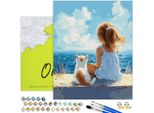 Oh Art! Pittura Con I Numeri Per Bambini Ragazza Con Gatto Al Mare 40X50 Cm - Set Fai Da Te Su Tela Con Cornice, Colori Acrilici, 3 Pennelli E Accessori - Idea Regalo