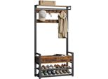 Appendiabiti Karako Con Panca Per Scarpe - Appendiabiti 10 Ganci - Appendiabiti - Scarpiera Con 2 Cassetti In Tessuto - 6 Ganci Laterali - Marrone Inchiostro Nero - 30 X 80,4 X 181,6 Cm