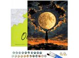 Oh Art! Quadro Numerico "Luna E Ragazza"" 40X50 Cm - Tela Nera Con Telaio In Legno, 16 Colori Acrilici Incluso Il Colore Oro, 3 Pennelli E Accessori"