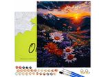 Oh Art! Pittura Per Numeri Adulti Fiori Prato 40X50 Cm - Montagne Tramonto Natura Paesaggio Tela Con Cornice, 29 Colori Acrilici, 3 Pennelli