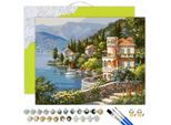 Oh Art! Pittura Per Numeri Adulti Paesaggio 40X50 - Italia Case Sul Lago - Set Fai Da Te Su Tela Con Telaio, 28 Colori Acrilici, 3 Pennelli E Accessori