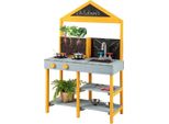 Cucina Di Fango Per Bambini, Cucina Da Esterno Per Bambini Realizzata In Legno Di Abete Con Fioriera, 2 Lavagne E Un Rubinetto Blu.