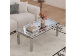 Tavolino Wisfor In Vetro Argento Moderno Con Intarsio Di Diamanti Schiacciati E Quattro Gambe Coniche In Vetro, 120 X 60 X 45 Cm