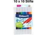 Pelikan, Colorella Duo, Penne Con Punta In Fibra, Astuccio Da 10 Colori, 100 Penne In Totale, Ideali Per Progetti Creativi.