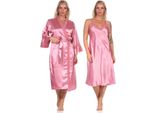 Vestaglia Donna 2 Pezzi Kimono Negligee Vestaglia Di Raso Con Pizzo; Rosa Scuro/M/38