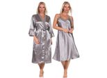 Vestaglia Donna 2 Pezzi Kimono Negligee Vestaglia In Raso Con Pizzo; Taupe/L/40