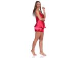 Set Pigiama Donna In Raso Con Pizzo; Rosso Vino/2Xl