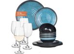Set Di Stoviglie Da Campeggio In Melamina 4 Persone Stone Blue + 4 Bicchieri Da Vino Tiamo White Servizio Da Tavola Picnic Bbq Cookware