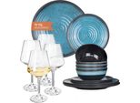 Set Di Stoviglie Da Campeggio In Melamina 4 Persone Stone Blue + 4 Bicchieri Da Vino Milano White Servizio Da Tavola Picnic Bbq Cookware
